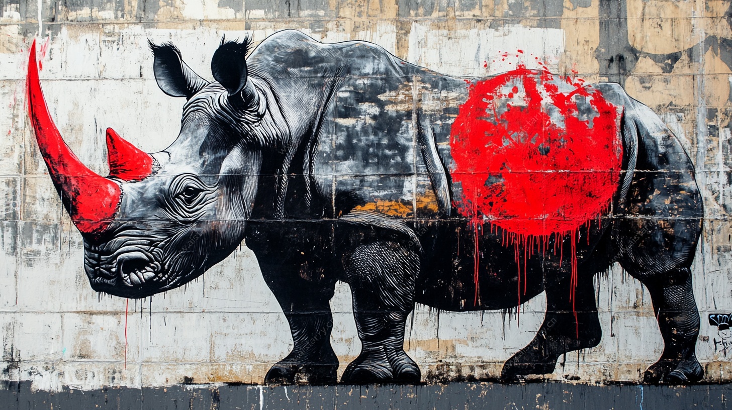街头涂鸦犀牛艺术作品