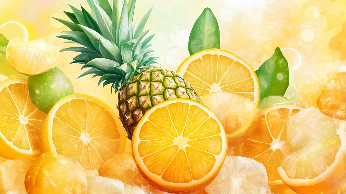 缤纷柑橘与菠萝水果插画