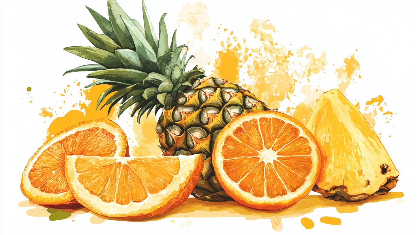 水彩风鲜橙与菠萝组合