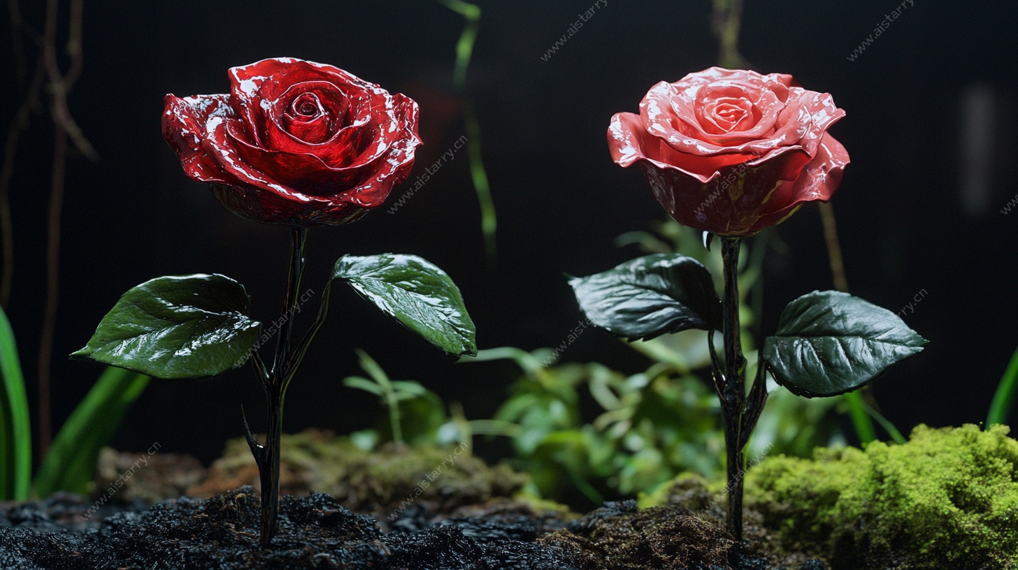 两朵红玫瑰的微观景致