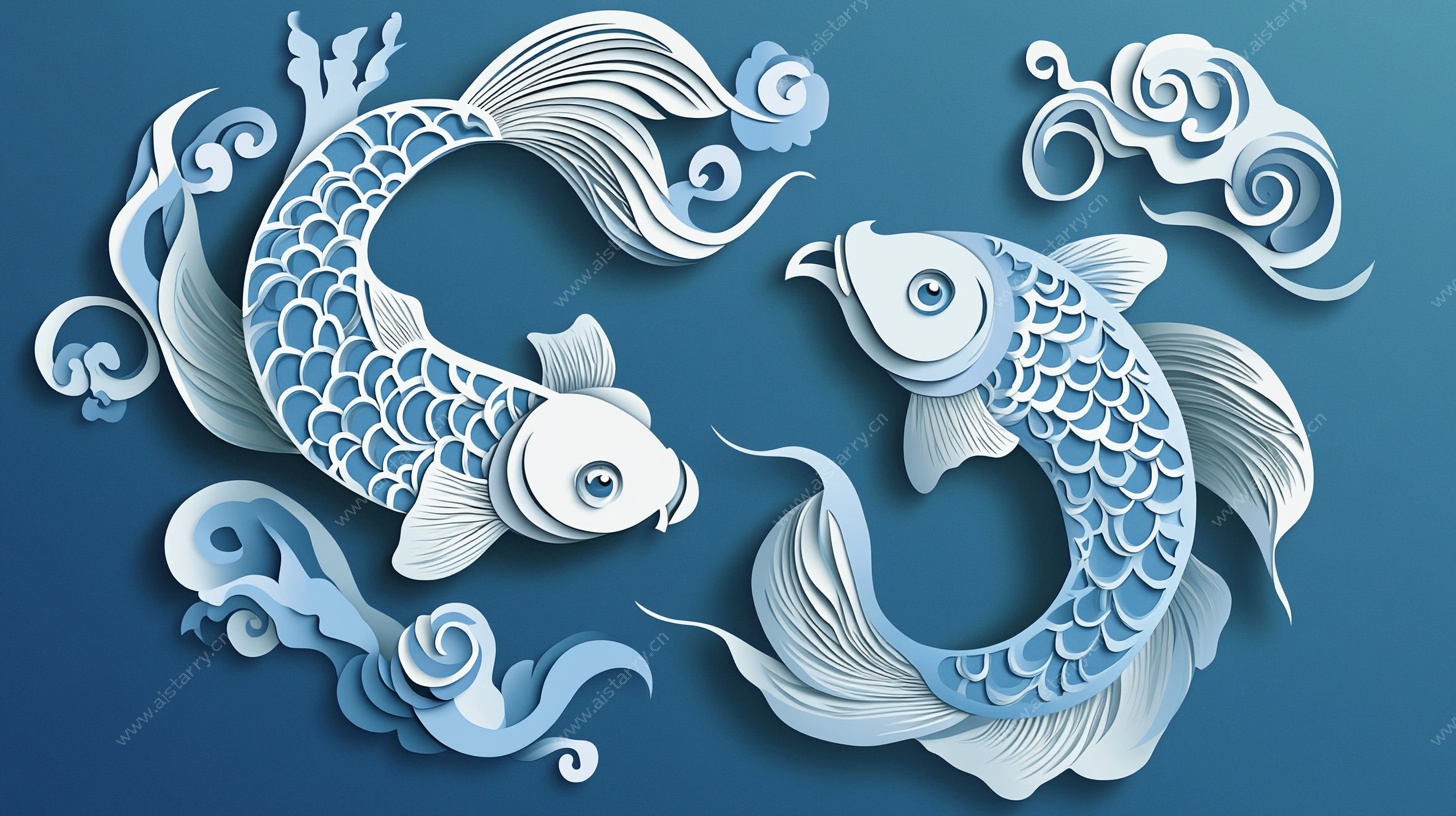 蓝白剪纸风双锦鲤图
