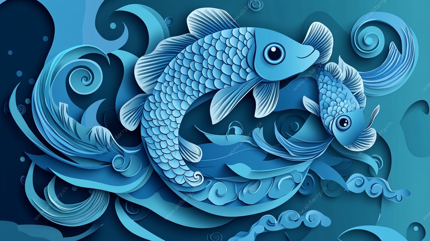 蓝调纸艺风双锦鲤图