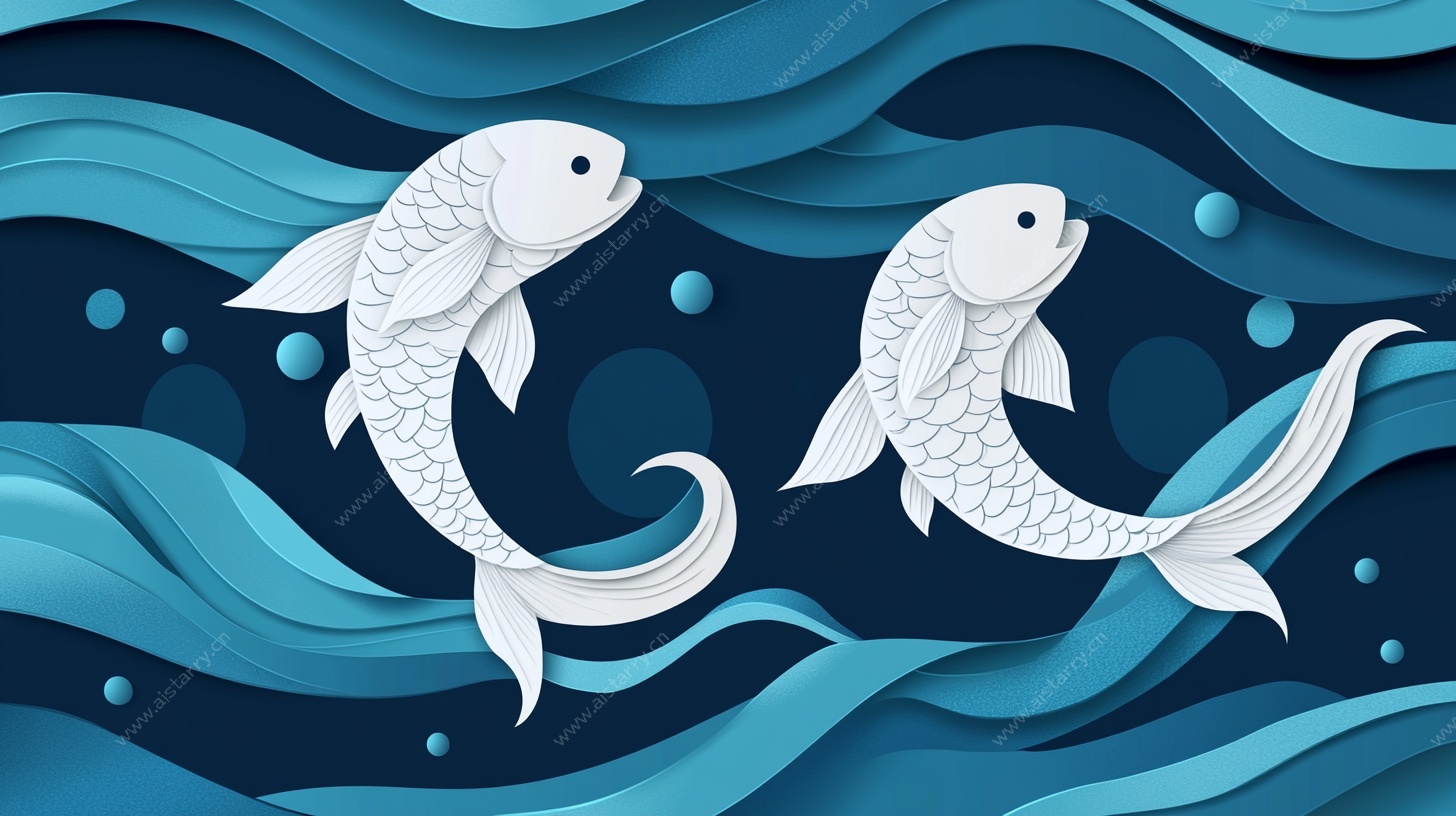 双鲤游弋于蓝波间