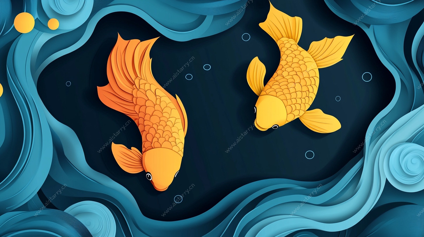 双金鱼畅游蓝色波纹间