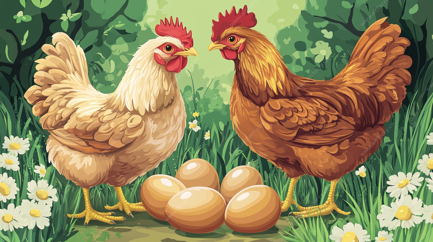 田园双鸡与蛋温馨场景