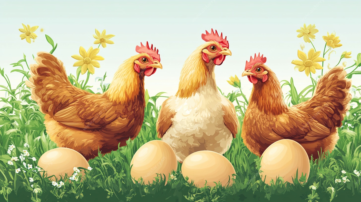 三只母鸡与鸡蛋的田园图