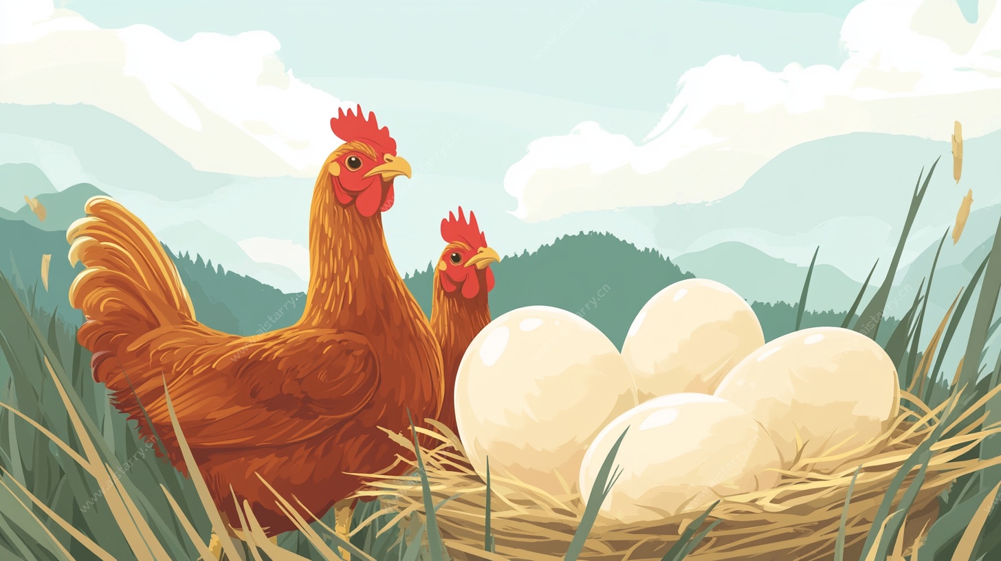 母鸡护蛋田园插画