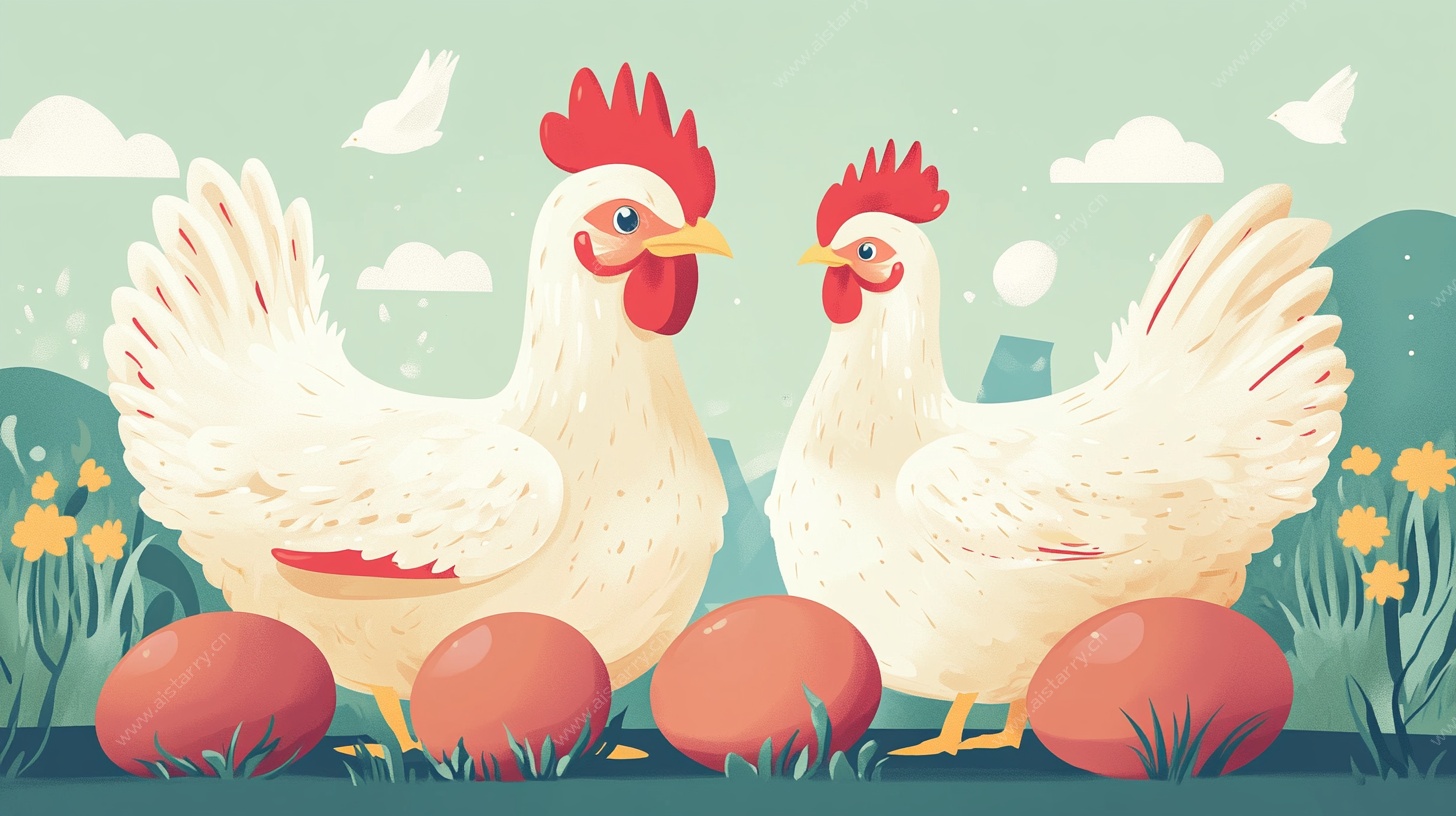 田园双鸡与蛋插画