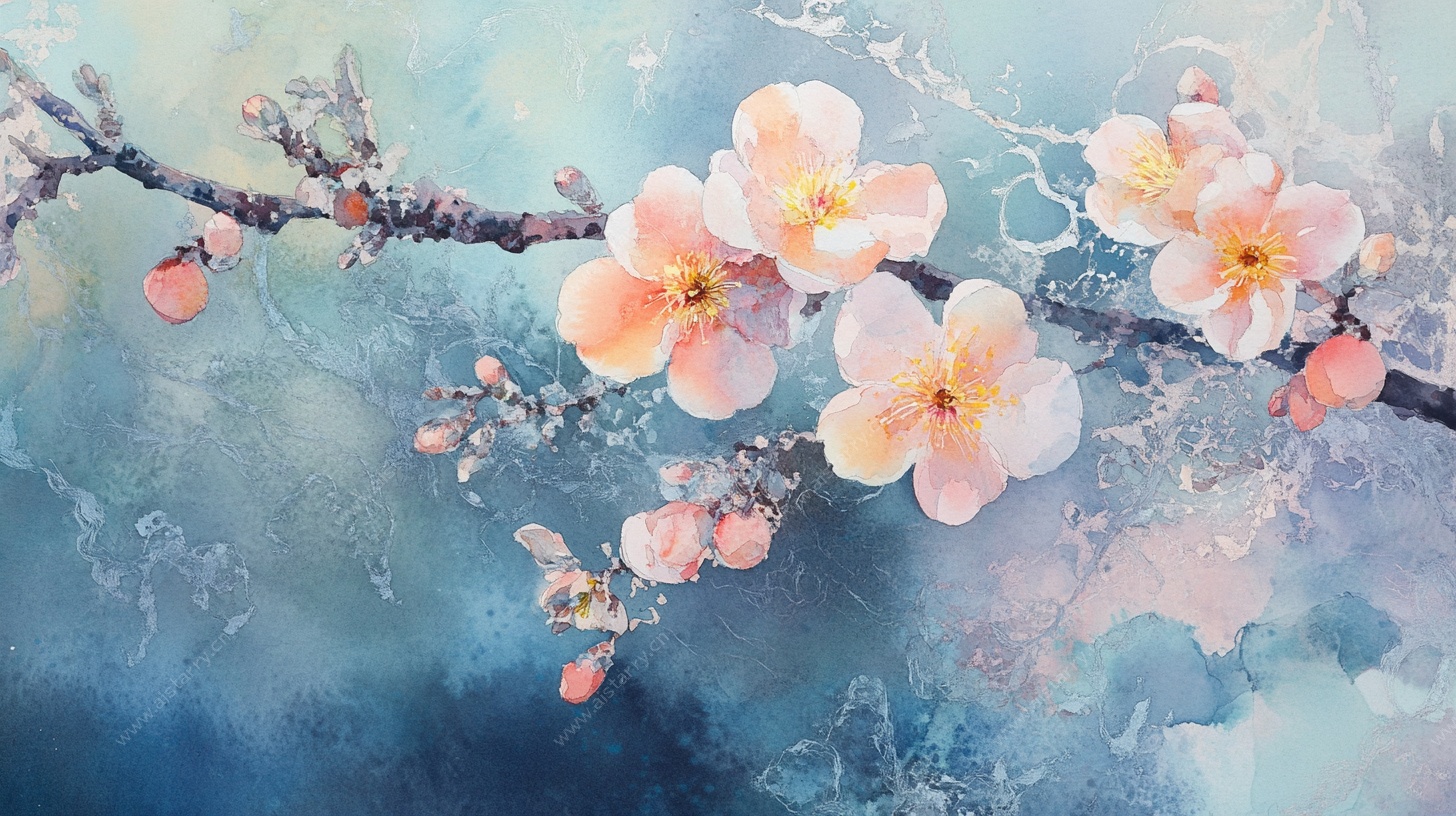 梦幻水彩梅花枝头绽放
