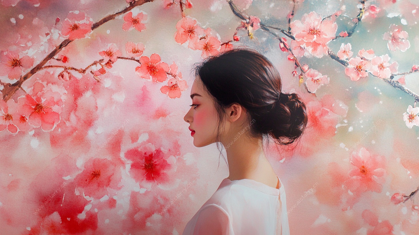 桃花下的优雅女子