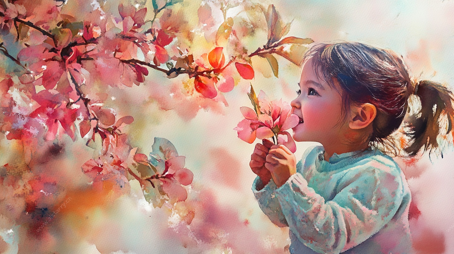 小女孩闻花香的梦幻瞬间