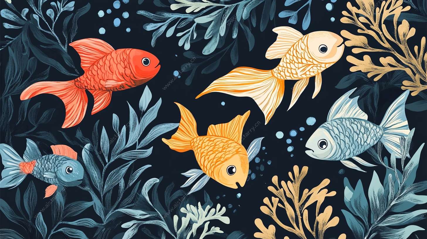 梦幻金鱼与海洋植物插画