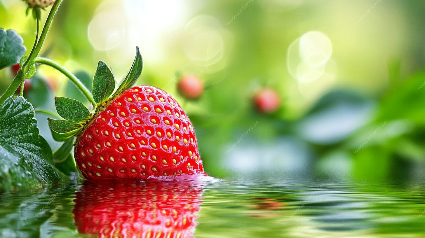 鲜红草莓映于水光绿叶间