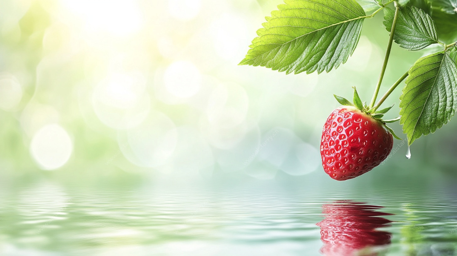 悬垂草莓与水面倒影之美