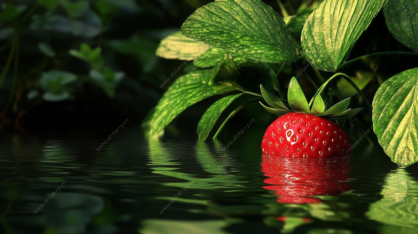水中红草莓与绿叶倒影