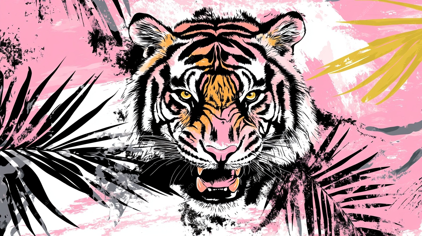 粉色背景上的霸气老虎插画