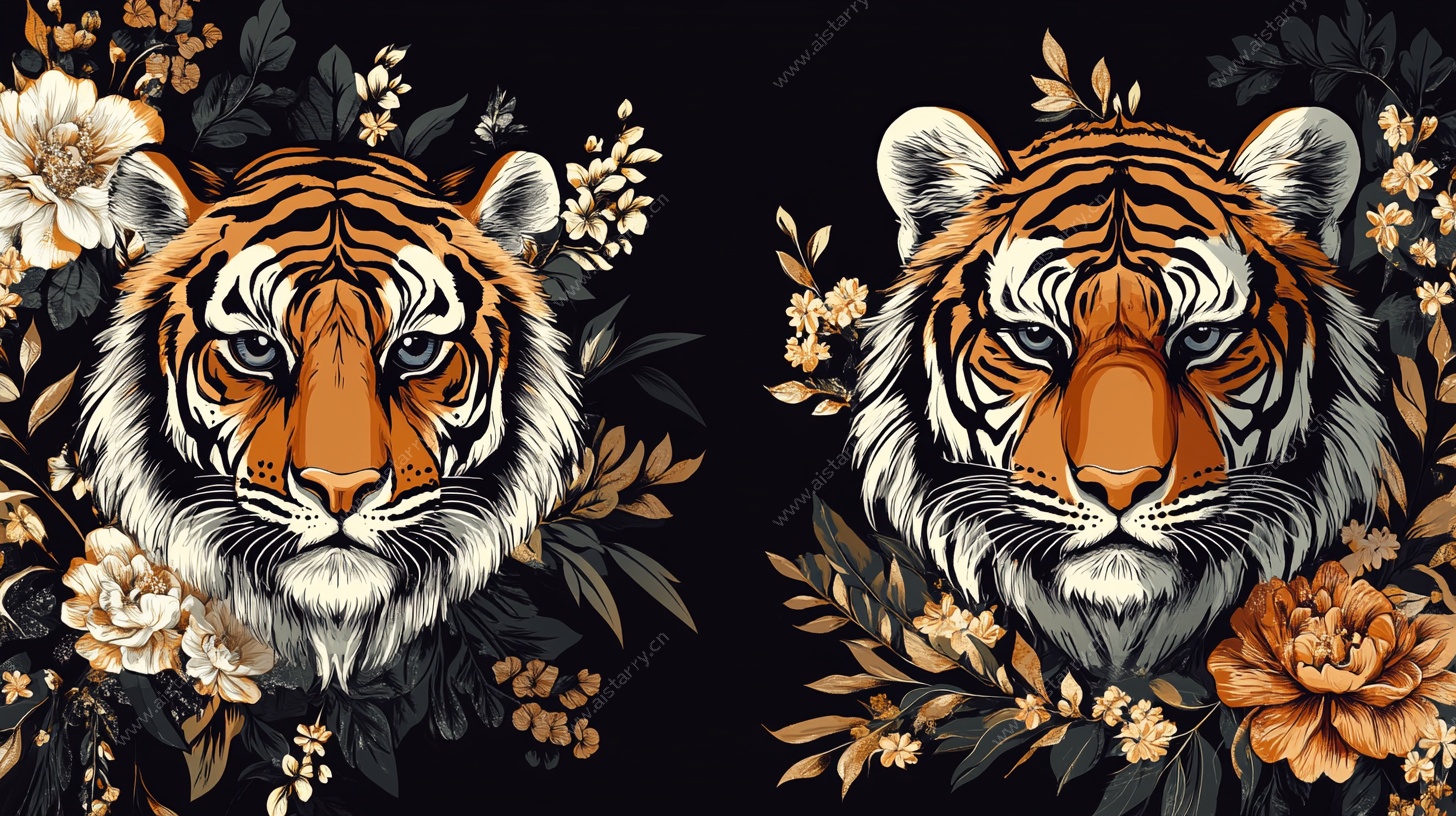 双虎花卉图