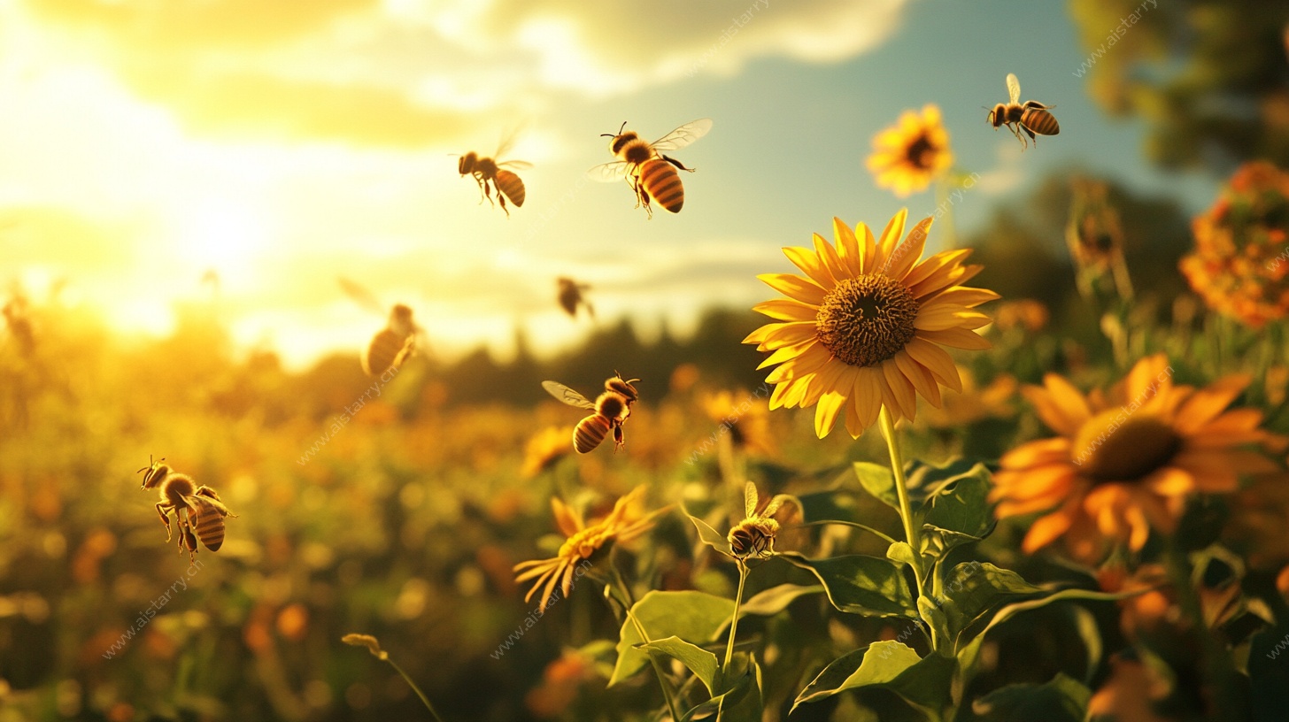 夕阳下蜜蜂飞舞的向日葵田