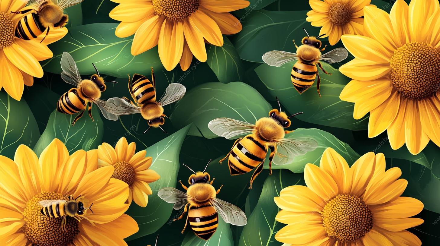 蜜蜂飞舞于向日葵花丛间