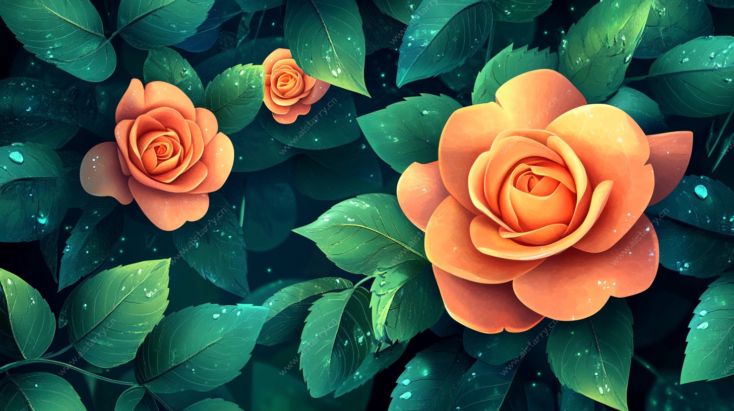 橙色玫瑰与绿叶插画