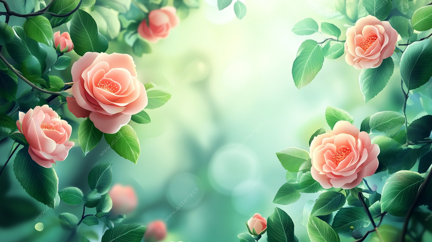 浪漫粉色玫瑰绿叶背景图