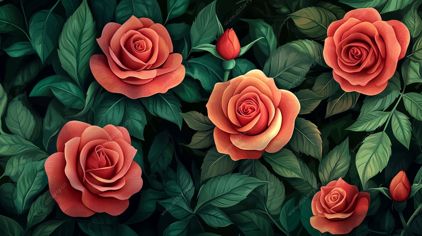 艳丽玫瑰与绿叶交织图景