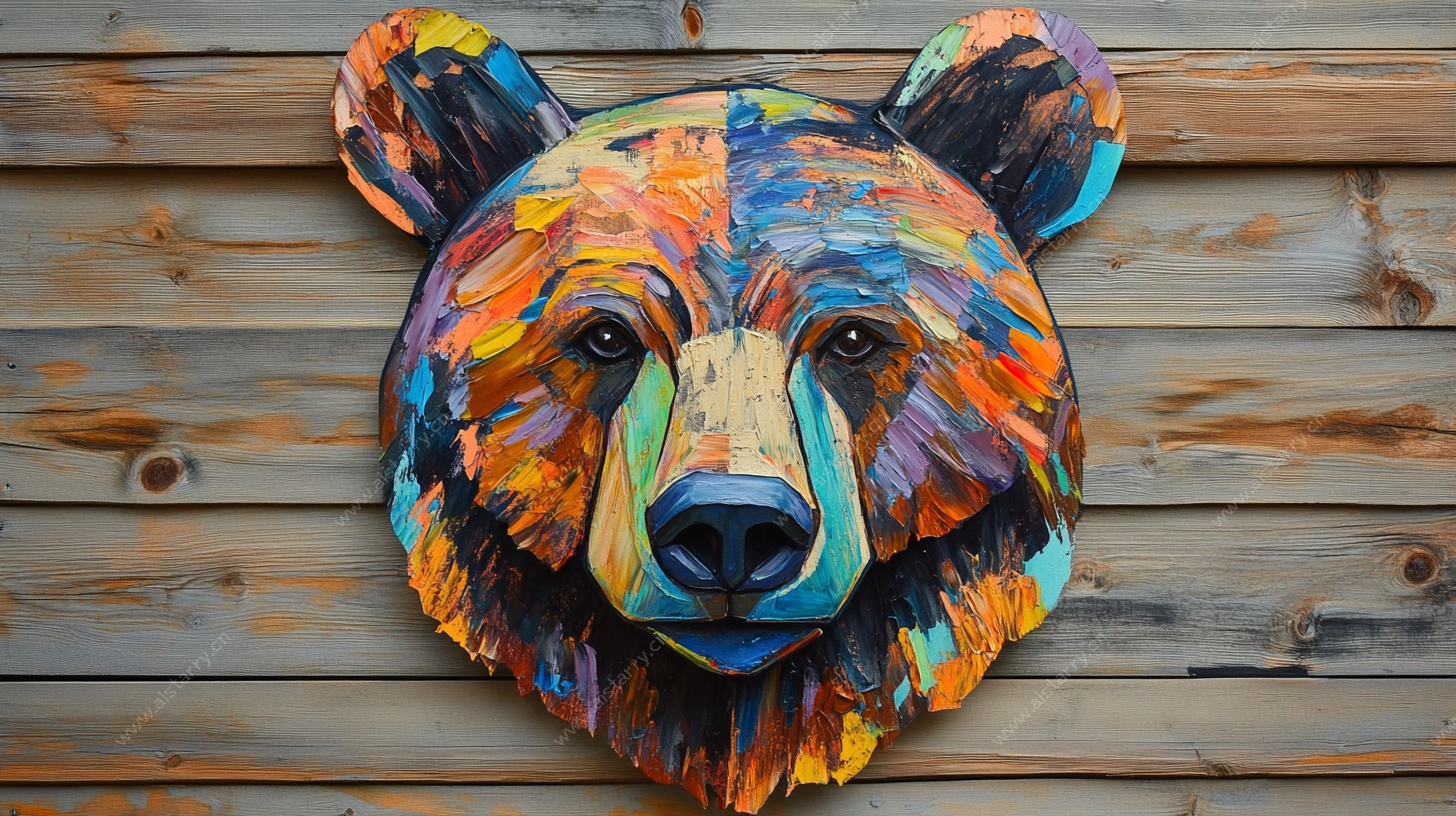 多彩熊头艺术木雕