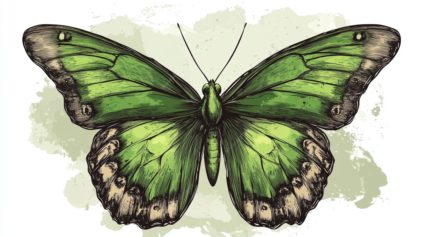 手绘绿蝴蝶插画作品
