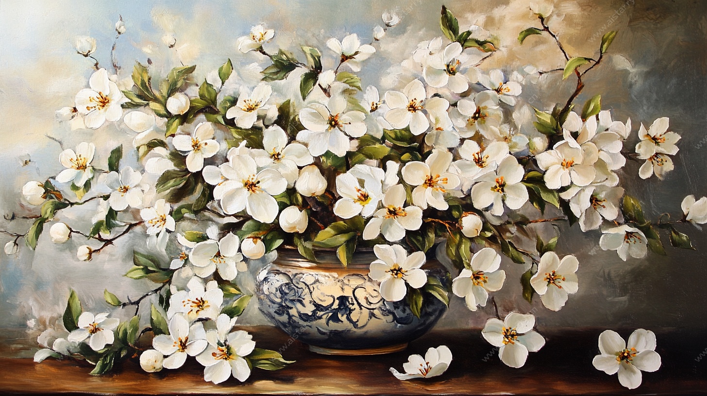 花瓶中的白色花卉静物画