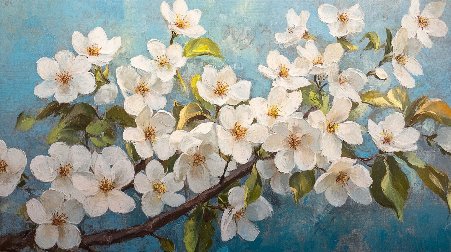 枝头绽放的白色花卉油画
