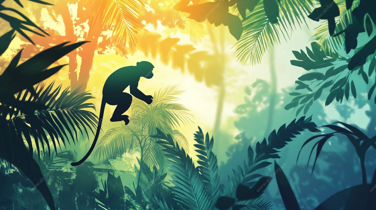 丛林间跳跃的猴子剪影