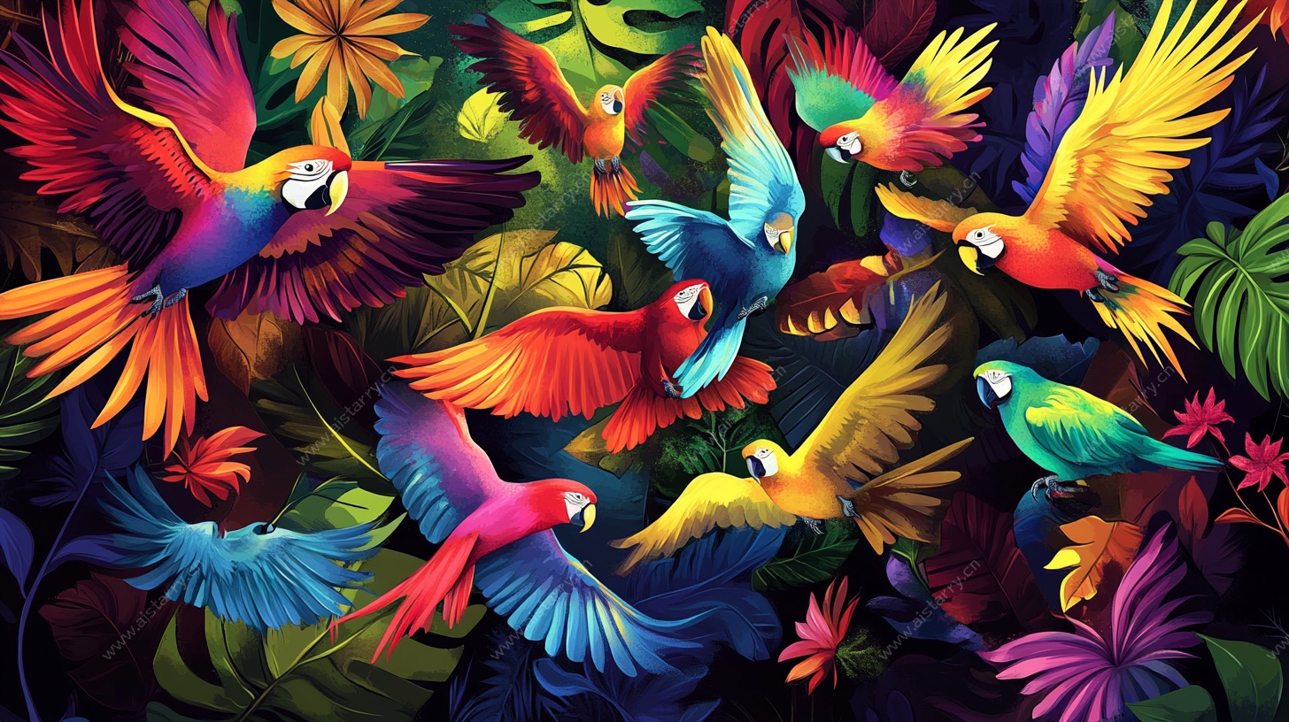 五彩鹦鹉于丛林中飞舞