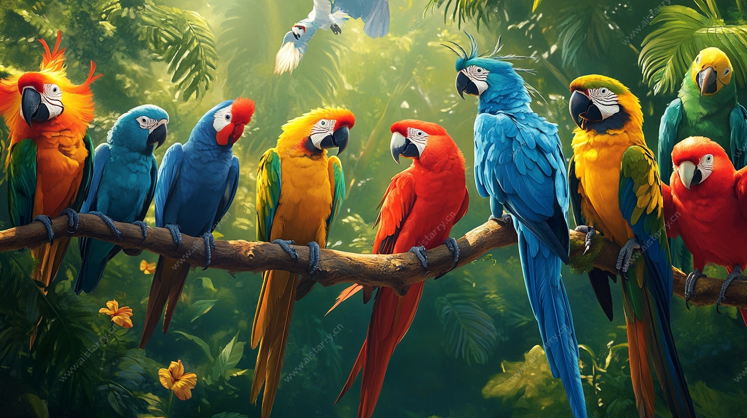 多彩鹦鹉栖于繁茂树枝间