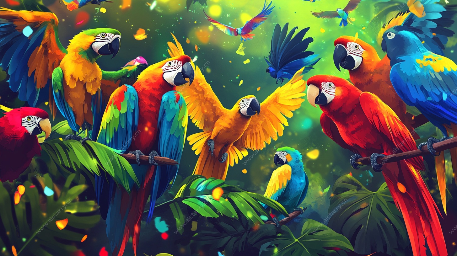 多彩鹦鹉的丛林欢聚