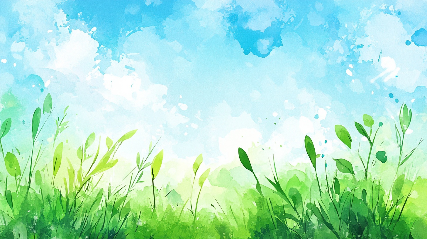 清新草地蓝天水彩风景图