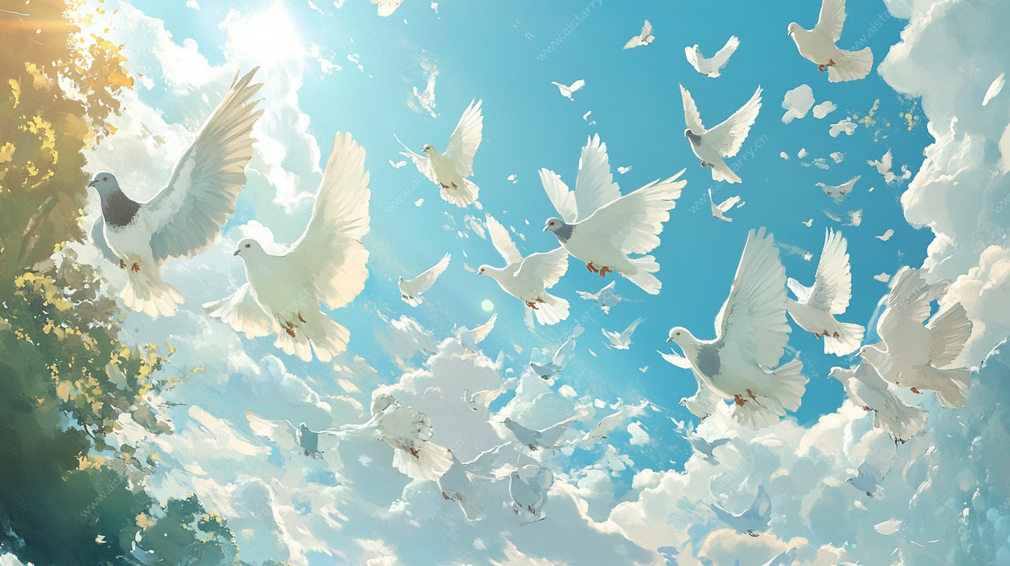 白鸽翱翔于蓝天