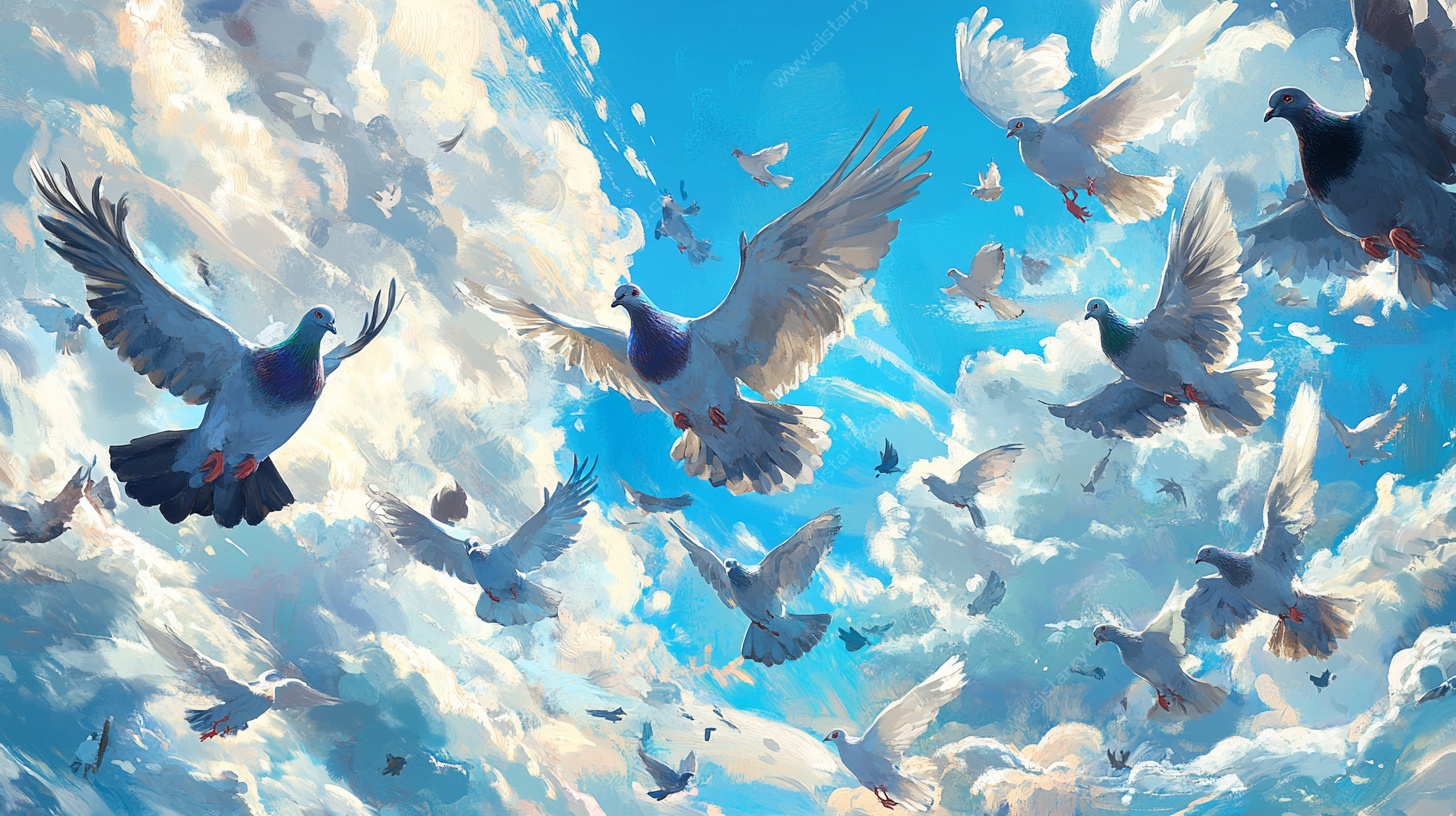 群鸽翱翔蓝天图