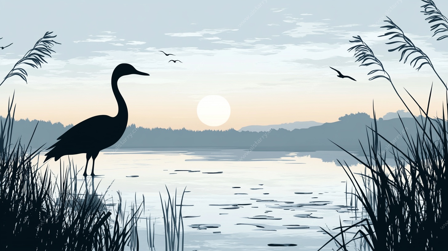 湖畔鹭影 日暮诗意景