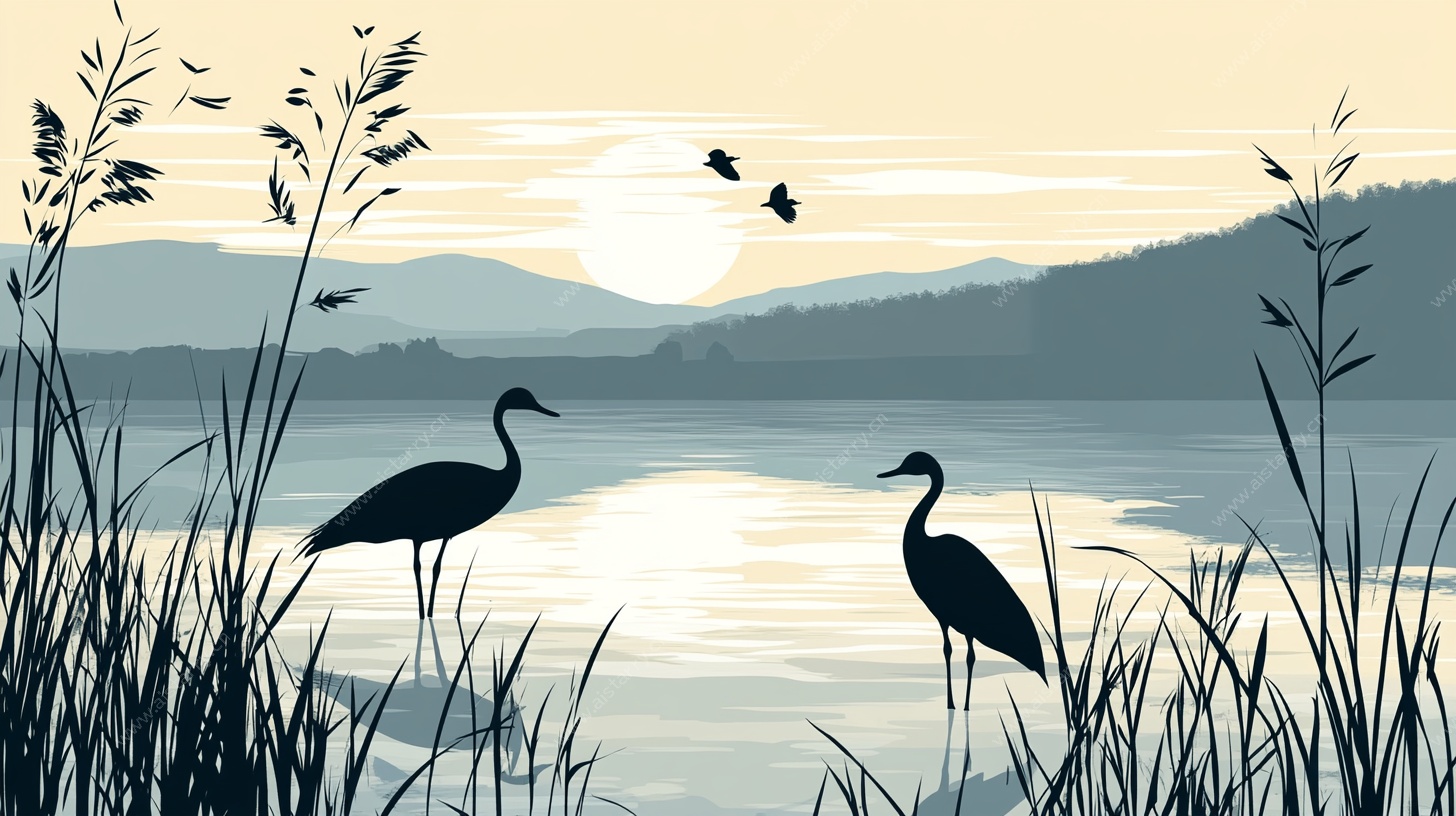 湖畔双鹭的静谧风光