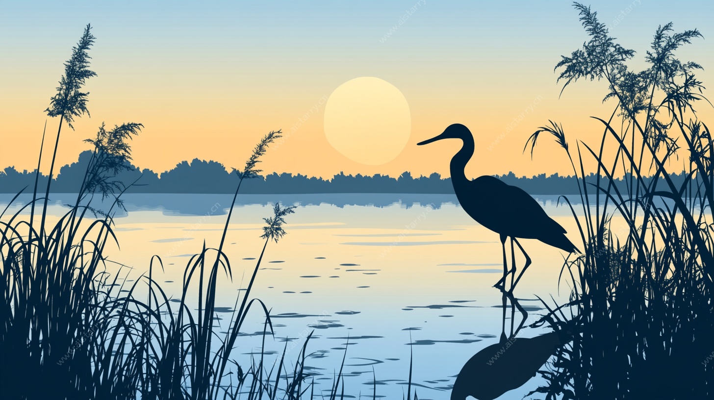 湖畔鹭影 静谧黄昏景