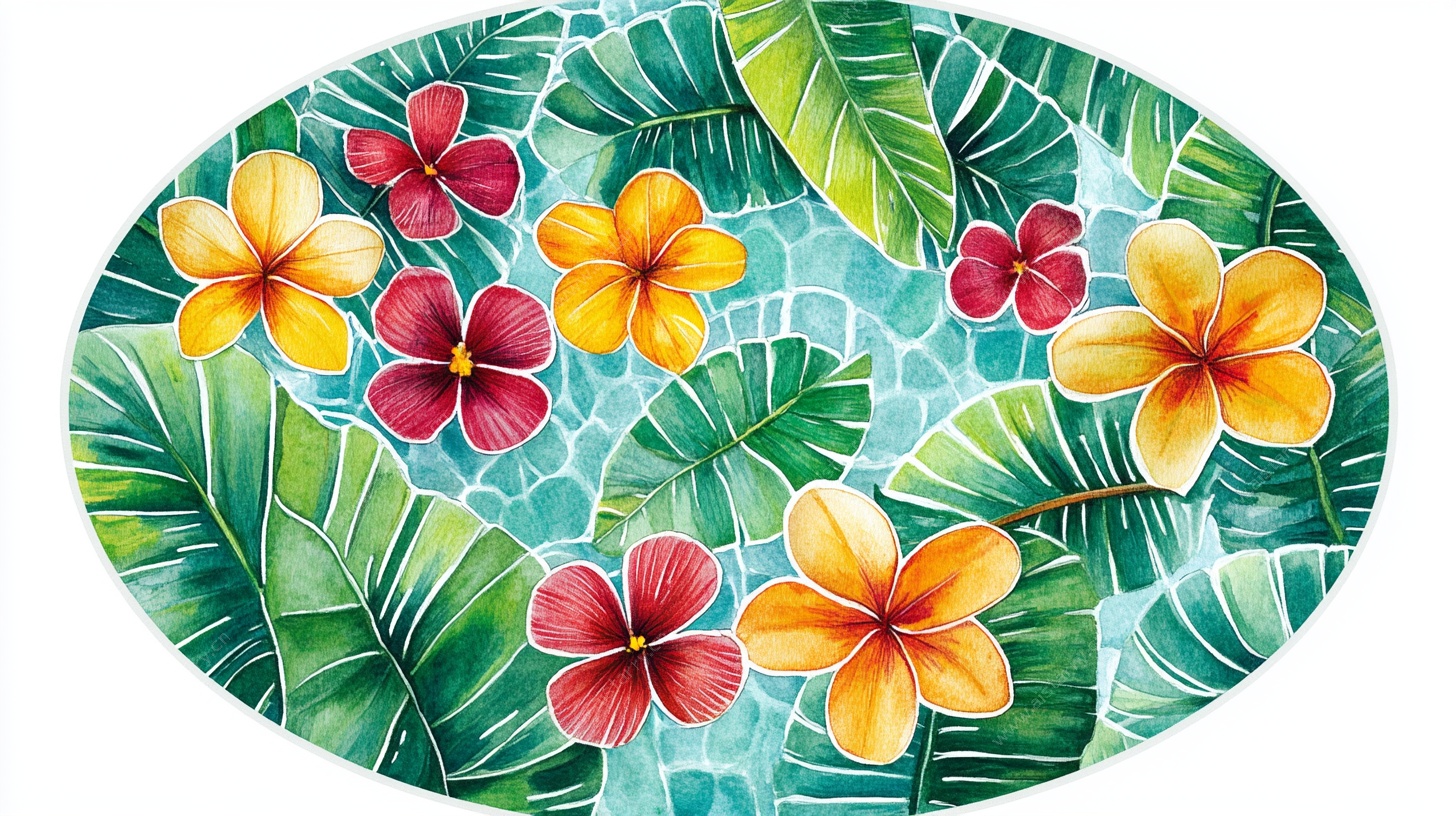 椭圆热带花卉水彩图案