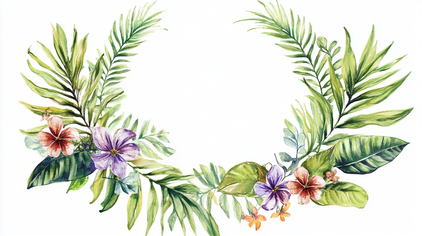 热带花卉绿叶水彩花环