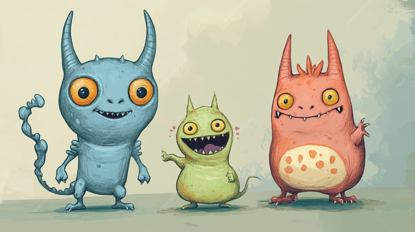 可爱三只小怪兽插画
