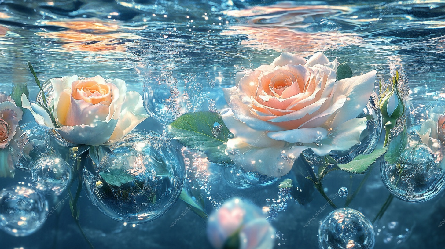 水中绽放的梦幻粉玫瑰