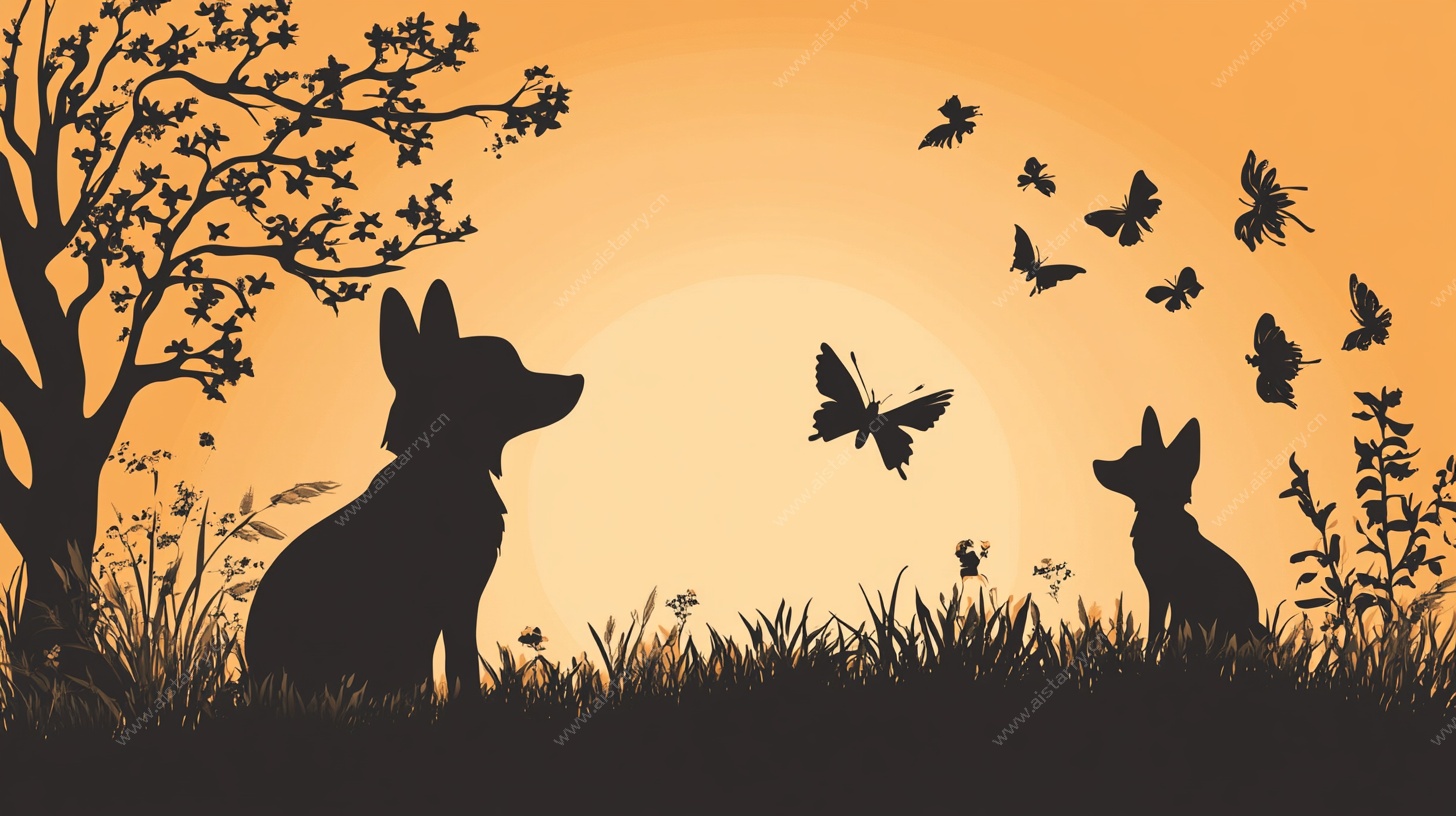 夕阳下的猫狗与蝶影