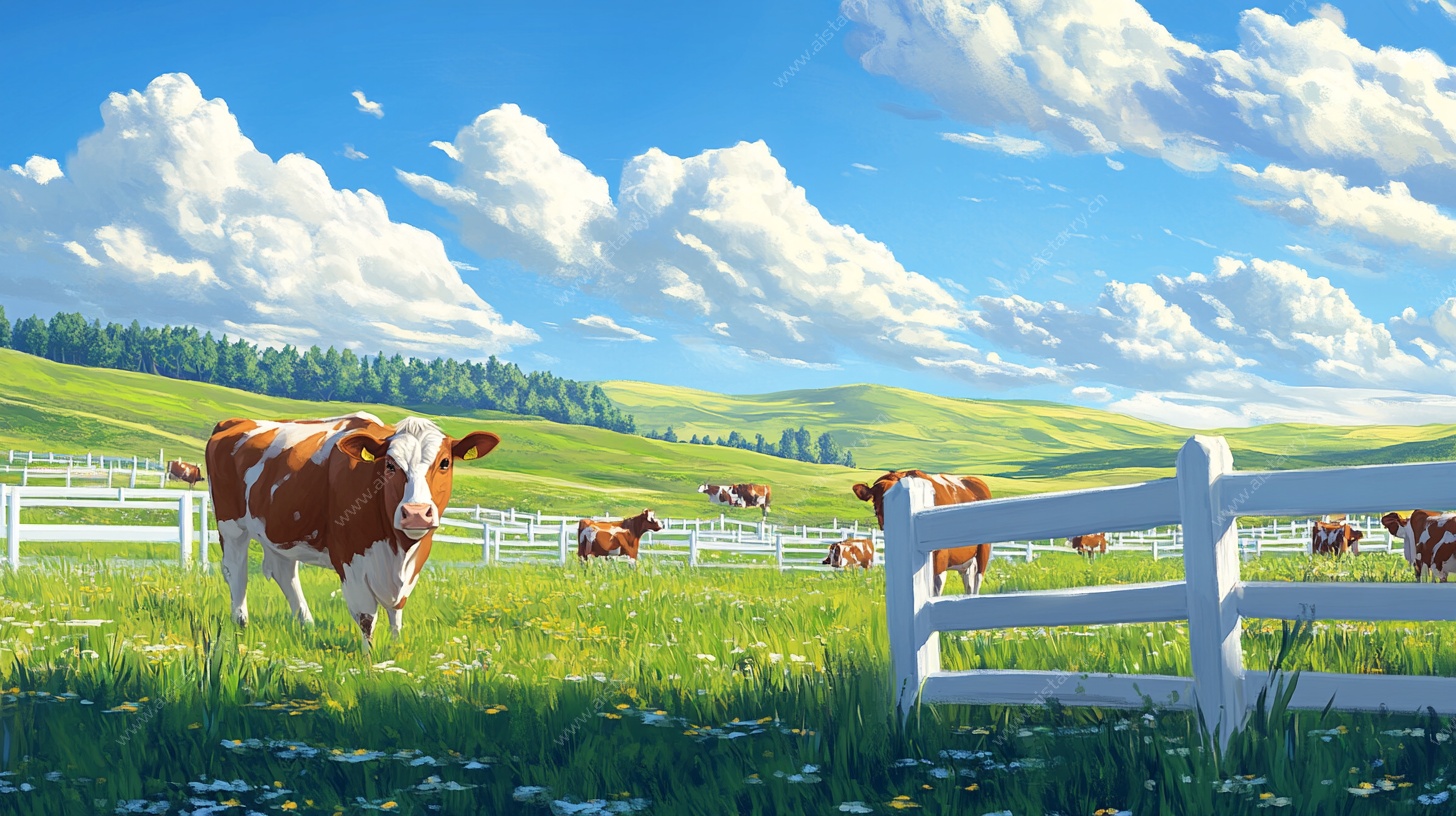 田园牧歌 牛群悠游的草地风光