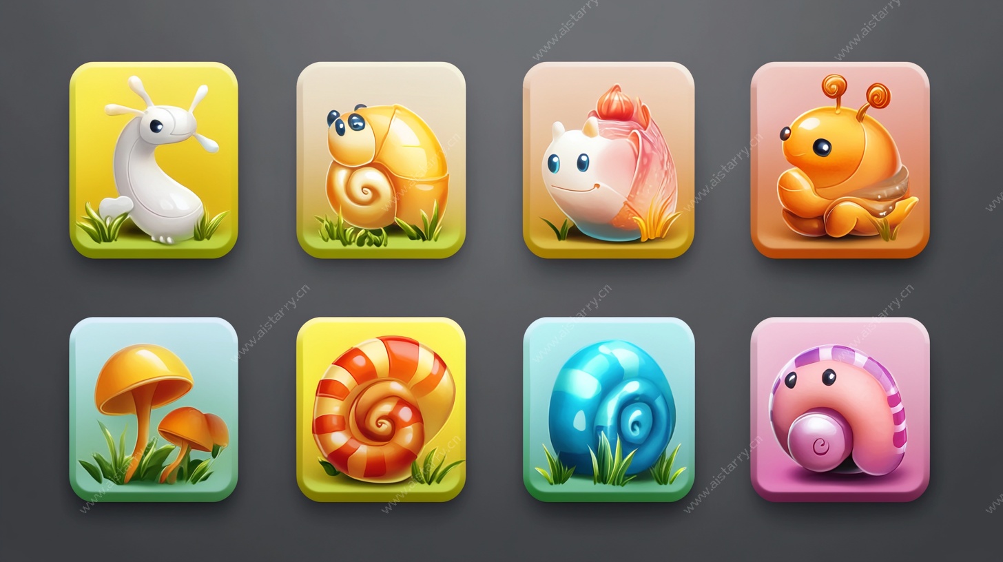 可爱动物与蜗牛图标集合