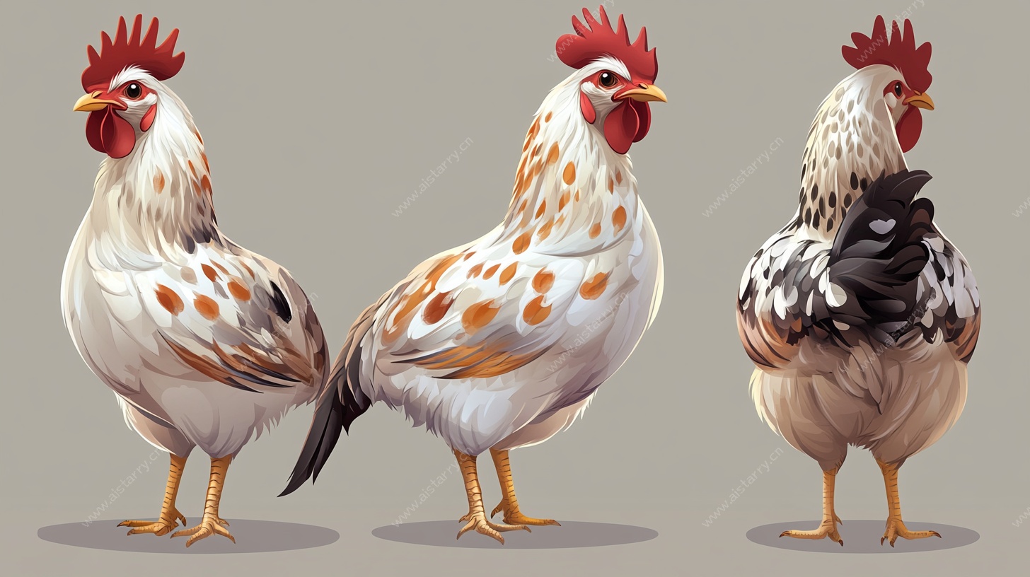 三只多彩斑纹鸡形象展示