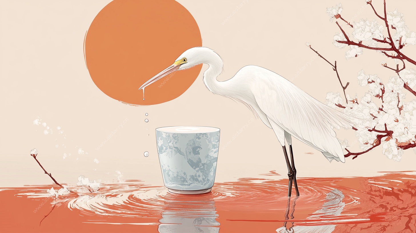 白鹭衔水入杯春日图景