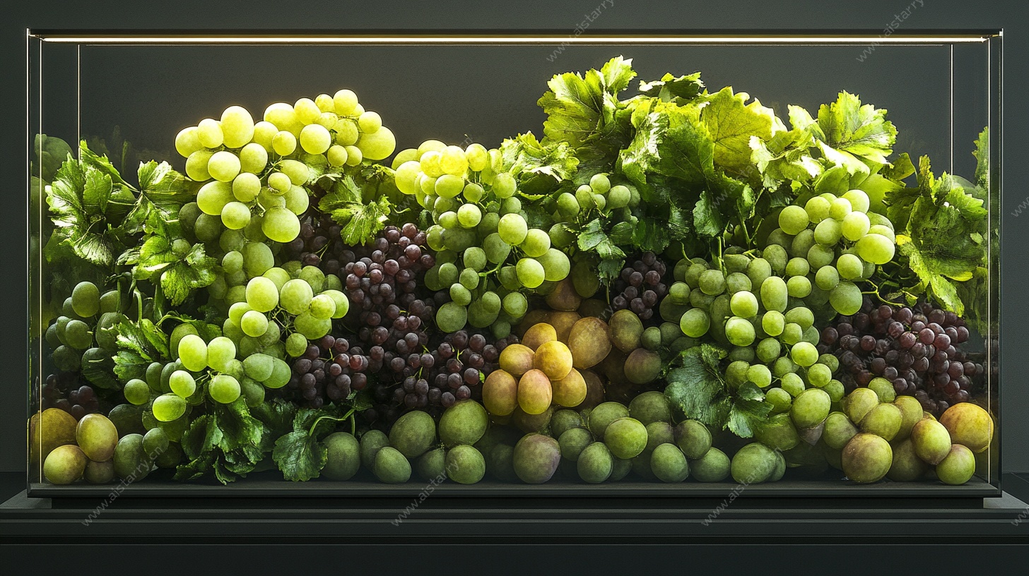 玻璃盒中的多彩葡萄静物